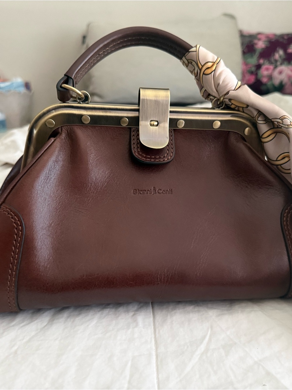 Gianni Confi Brown Leather Top-Handle Bag with scarf